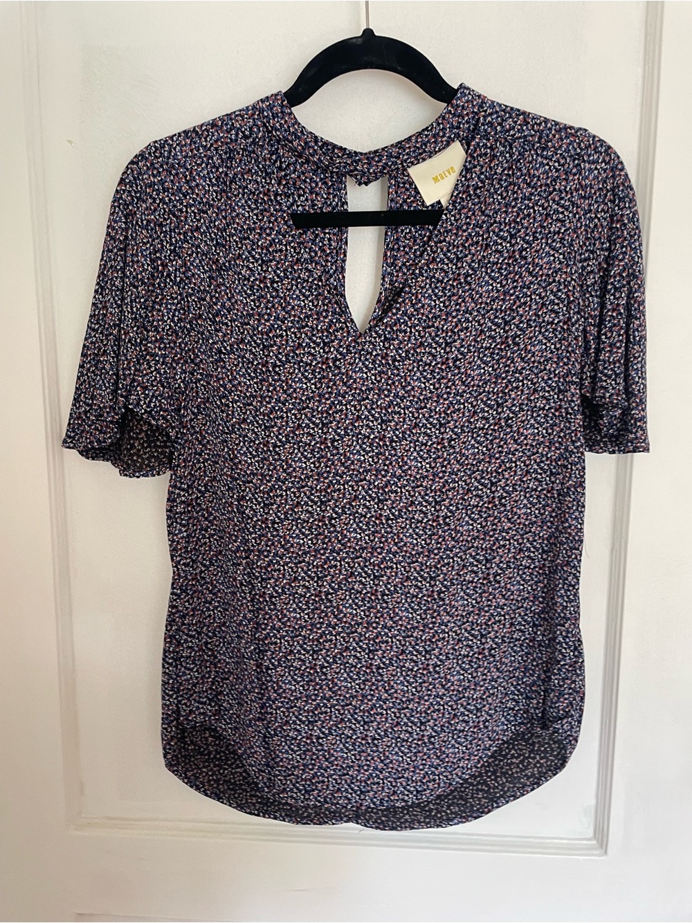 Maeve Navy Micro-Floral Keyhole Blouse